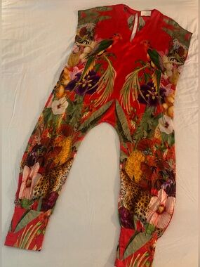 Carolina K "Sera" Jumpsuit, Indian Red Bird Print, 100% Silk